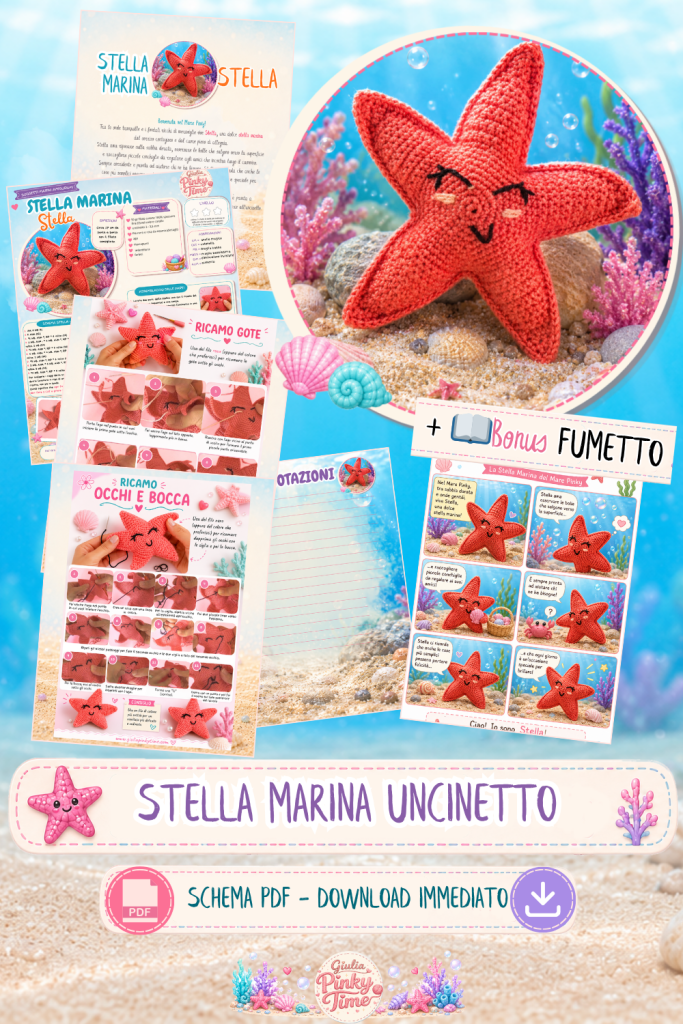 Stella Marina Uncinetto Tutorial 7 Anteprima dello schema PDF dedicato alla Stella Marina all'uncinetto della collezione Mare Pinky. Il PDF include istruzioni dettagliate giro per giro, foto di riferimento, video tutorial tramite QR Code, pagina annotazioni e un fumetto esclusivo dedicato al personaggio.