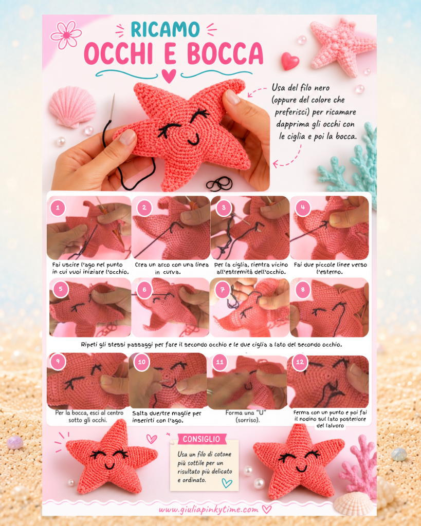 Stella Marina Uncinetto Tutorial 4 Tutorial fotografico per ricamare occhi e bocca su una stella marina amigurumi all'uncinetto. Guida passo passo con immagini che mostrano come realizzare ciglia ricamate e sorriso kawaii utilizzando filo nero da ricamo.