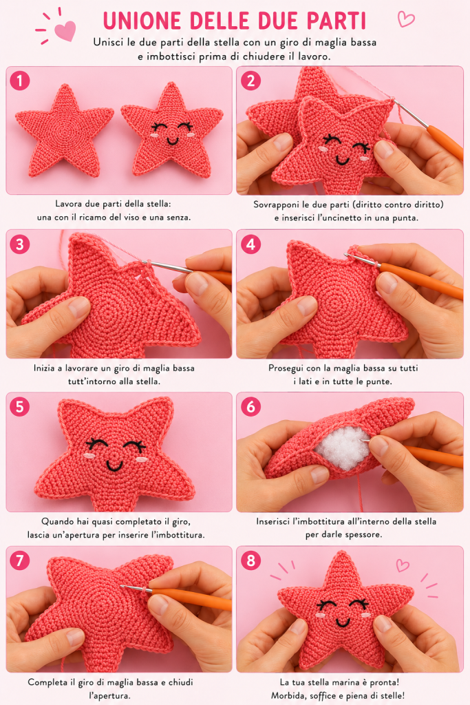 Stella Marina Uncinetto Tutorial 6 Tutorial fotografico passo passo che mostra come unire le due parti di una stella marina amigurumi all'uncinetto con un giro di maglia bassa, inserire l'imbottitura e completare la chiusura finale del progetto.