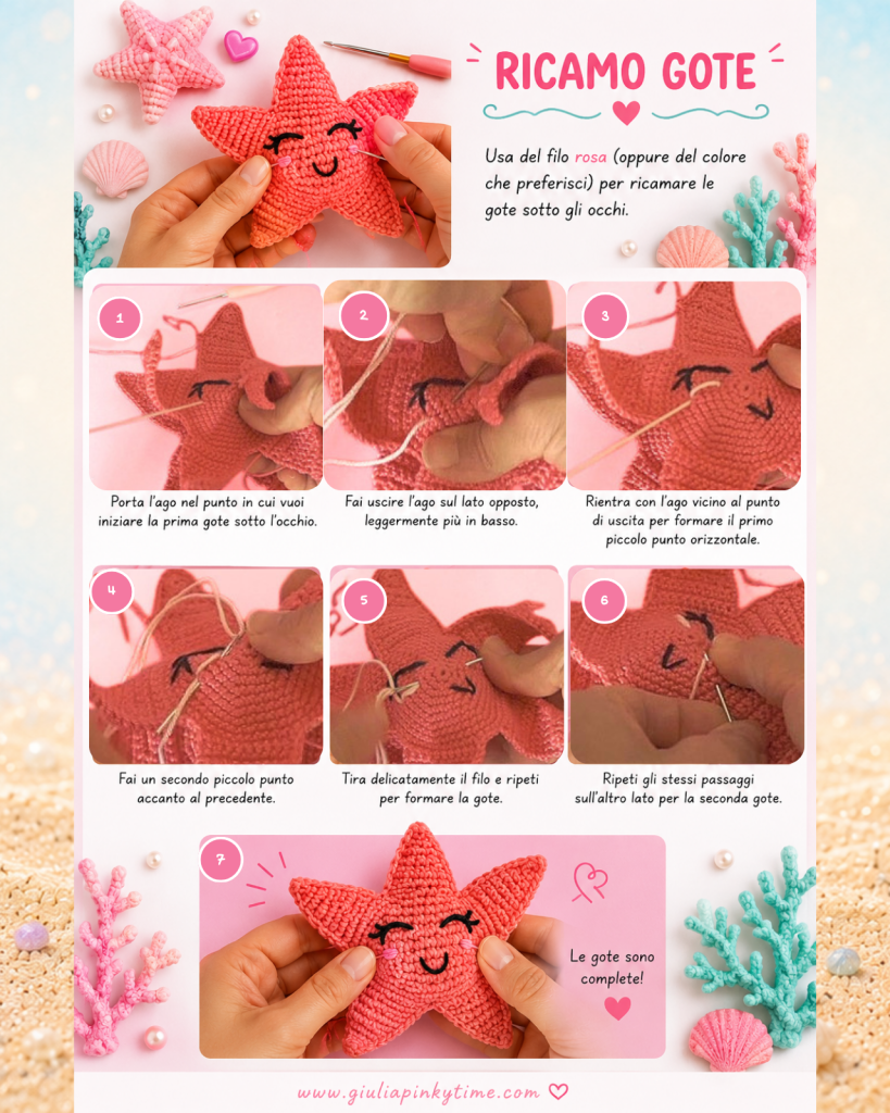 Stella Marina Uncinetto Tutorial 5 Guida fotografica passo passo che mostra come ricamare le gote rosa su una stella marina amigurumi all'uncinetto. Le immagini illustrano il posizionamento dell'ago e del filo per creare guance kawaii sotto gli occhi ricamati.