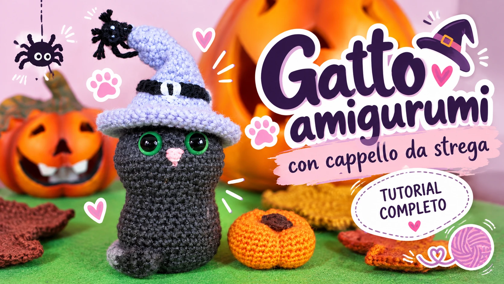 Gatto amigurumi all'uncinetto con cappello da strega e ragnetto - tutorial completo