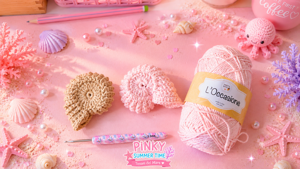 Conchiglia Nautilus uncinetto: tutorial facile per creare un tesoro del Mare Pinky 2 Due conchiglie Nautilus all'uncinetto nei colori rosa e sabbia, fotografate accanto a un gomitolo di filato rosa e a un uncinetto su uno sfondo marino in stile Pinky Summer Time decorato con conchiglie, stelle marine, coralli e perle.