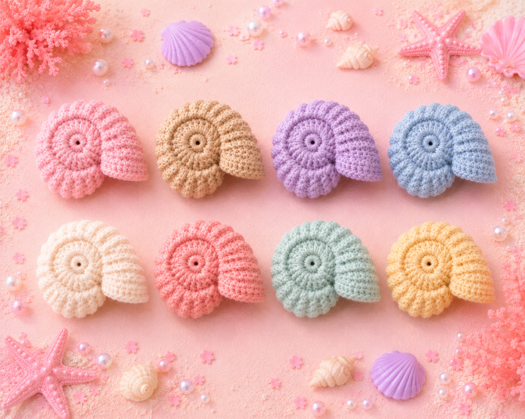 Conchiglia Nautilus uncinetto: tutorial facile per creare un tesoro del Mare Pinky 4 Otto Conchiglie Nautilus all'uncinetto in diversi colori pastello disposte su uno sfondo marino decorato con coralli, stelle marine, conchiglie e perle in stile Pinky Summer Time.
