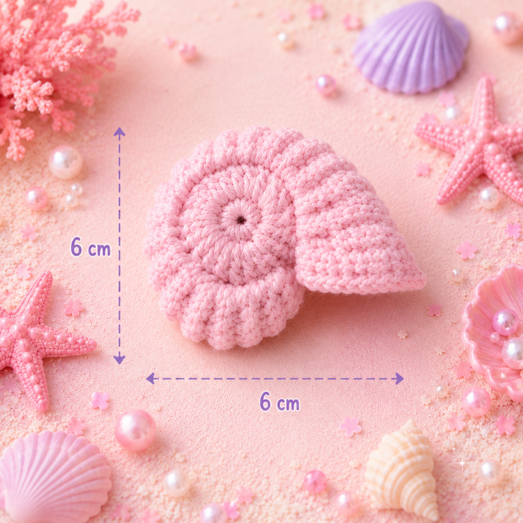Conchiglia Nautilus uncinetto: tutorial facile per creare un tesoro del Mare Pinky 3 Conchiglia Nautilus all'uncinetto rosa fotografata su uno sfondo marino nei toni pastello con conchiglie, perle e stelle marine decorative. L'immagine mostra le misure finali del progetto: 6 cm di altezza e 6 cm di larghezza.